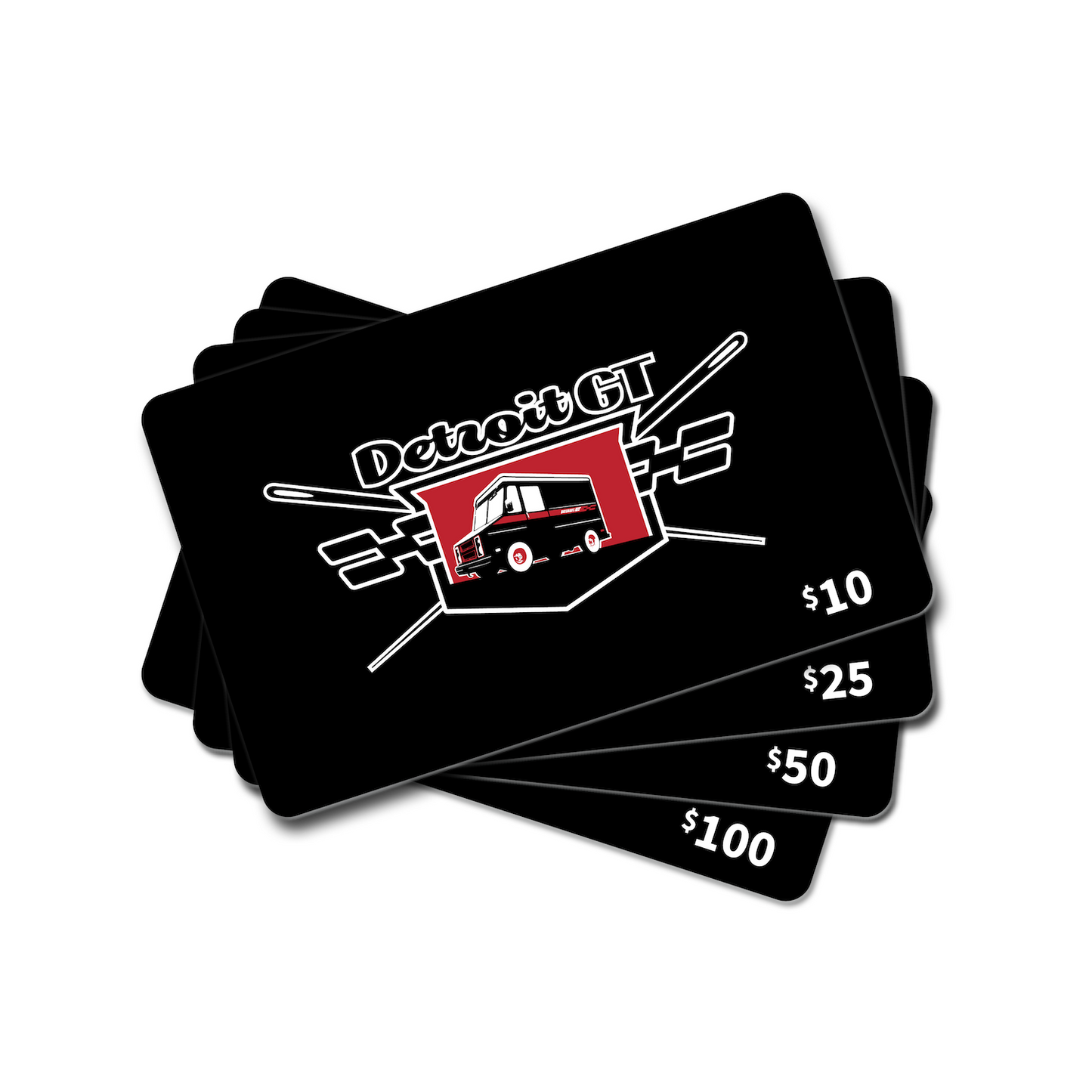 Black gift cards with 'Detroit GT' logo and value amounts on a white background