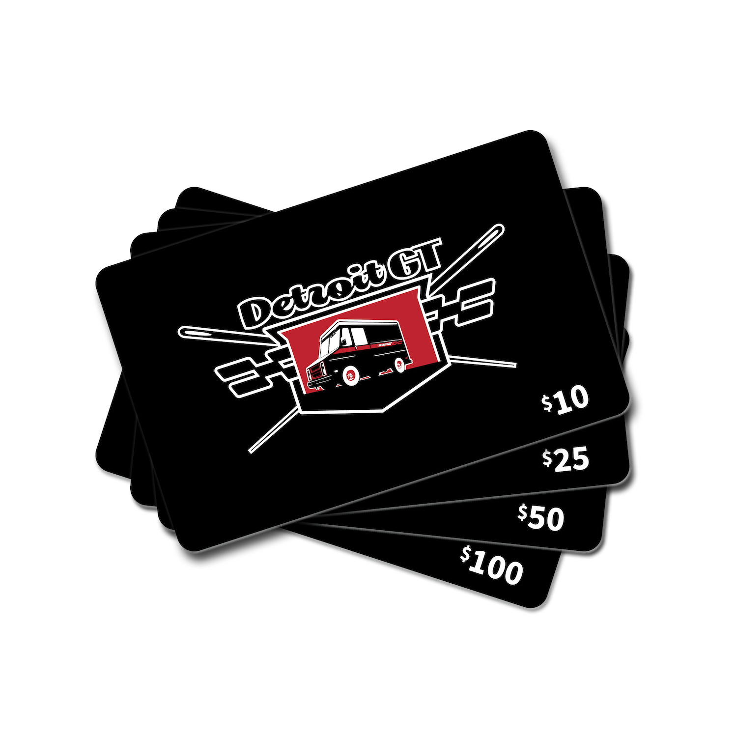 Black gift cards with 'Detroit GT' logo and value amounts on a white background
